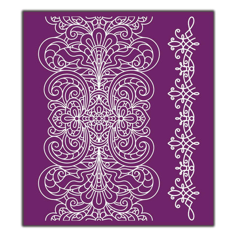 Belles and Whistles Delicate Lace - Silkscreen Stencil provides an extra decorative touch to any project!
This shows a sheet of silkscreen stencil that has a paisley runner design.