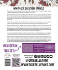 Belles and Whistles Delicate Lace - Silkscreen Stencil provides an extra decorative touch to any project!
This picture shows the back of the silkscreen stencil packaging.  It explains how to use the silkscreen stencils.  It also has a picture of the 3 stencils inside and a QR code that brings you to a computer site that says, "How to Use Dixie Belle Paint Products"