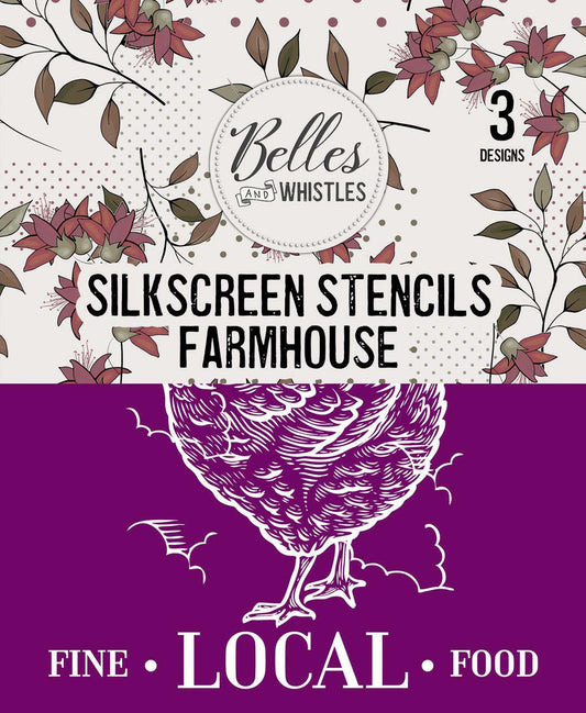 Belles and Whistles Farmhouse - Silkscreen Stencil provides an extra decorative touch to any project! Image of the packaging of the Farmhouse Silkscreen Stencil.