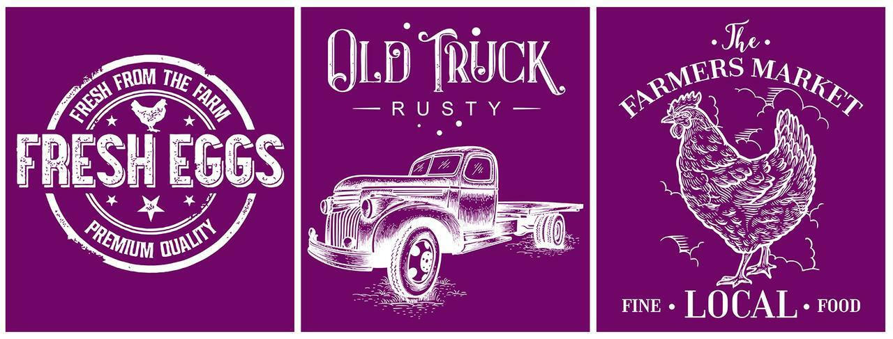 Belles and Whistles Farmhouse - Silkscreen Stencil provides an extra decorative touch to any project! All 3 designs next to each other in a line. Fresh Eggs, Old Truck Rusty, The Farmers Market.