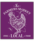 Belles and Whistles Farmhouse - Silkscreen Stencil provides an extra decorative touch to any project! Large chicken in the middle with clouds in the background. "The Farmers Market" curved above it. "Fine" "Local" "Food" on the bottom below the chicken.