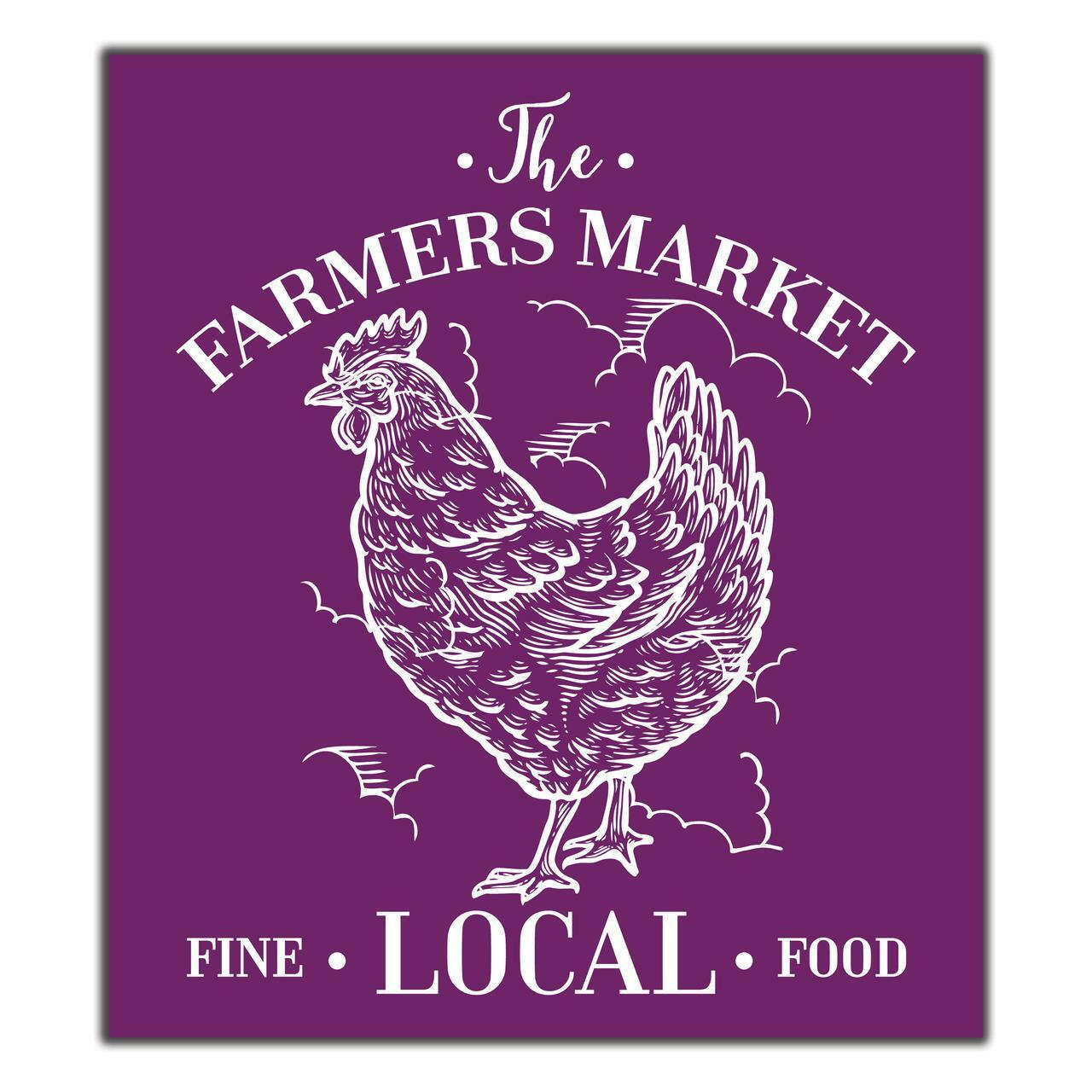 Belles and Whistles Farmhouse - Silkscreen Stencil provides an extra decorative touch to any project! Large chicken in the middle with clouds in the background. "The Farmers Market" curved above it. "Fine" "Local" "Food" on the bottom below the chicken.