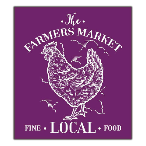 Belles and Whistles Farmhouse - Silkscreen Stencil provides an extra decorative touch to any project! Large chicken in the middle with clouds in the background. "The Farmers Market" curved above it. "Fine" "Local" "Food" on the bottom below the chicken.