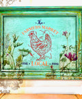 Belles and Whistles Farmhouse - Silkscreen Stencil provides an extra decorative touch to any project! Green picture frame with The Farmers Market, chicken, and Fine Local Food Silkscreen design applied in blue, orange and red.