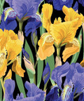 Belles and Whistles Floral on Black - Rice Decoupage Paper 
Image of a close up of  Floral on Black - Rice Decoupage Paper  which has purple and yellow flowers