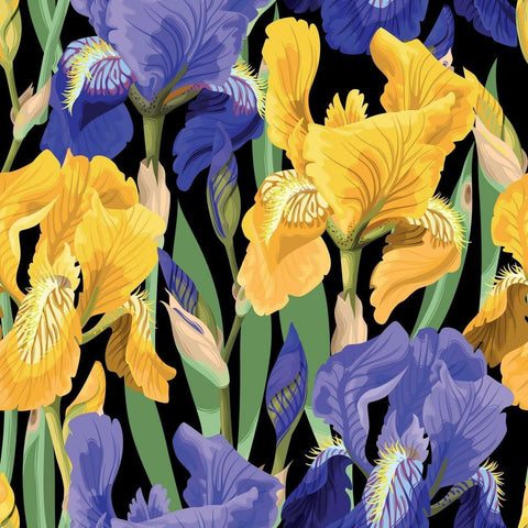 Belles and Whistles Floral on Black - Rice Decoupage Paper 
Image of a close up of  Floral on Black - Rice Decoupage Paper  which has purple and yellow flowers