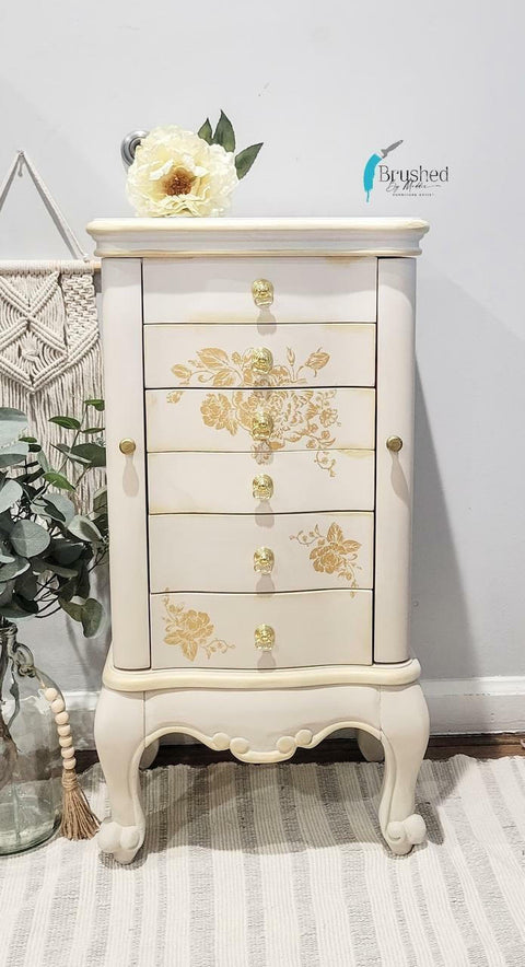 Belles and Whistles Floral - Silkscreen Stencil provides an extra decorative touch to your project!
Lingerie chest of drawer with Floral - Silkscreen Stencil on the front drawers. Staged with greenery.