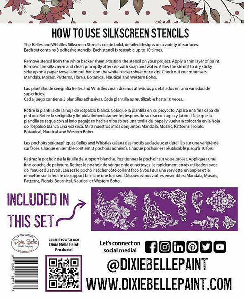 Belles and Whistles Floral - Silkscreen Stencil provides an extra decorative touch to your project!
The back of the Floral - Silkscreen Stencil packaging with a how to use.