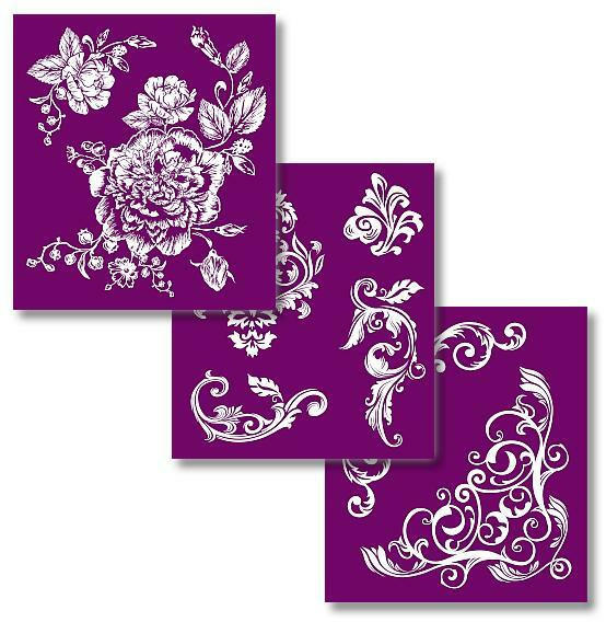 Belles and Whistles Floral - Silkscreen Stencil provides an extra decorative touch to your project!
All 3 layouts of the Floral - Silkscreen Stencil, stacked diagonally overlaid each other.