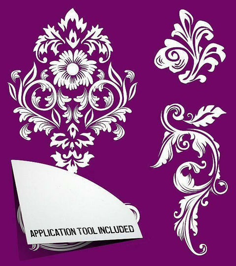 Belles and Whistles Floral - Silkscreen Stencil provides an extra decorative touch to your project!
The layout of the Floral - Silkscreen Stencil with the corner saying "APPLICATION TOOL INCLUDED".
