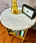 Belles and Whistles Geometric Moderne - Stencil provides an extra decorative touch to any project! End table with Geometric Moderne - Stencil used on top with Dixie Mud to give it a raised effect. Staged with radio and yellow glass vase.