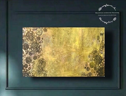 Belles and Whistles Greek Key - Stencil provides an extra decorative touch to any project! Canvas painted yellow with Steampunk - Silkscreen Stencil on both sides of painting with faded Greek Key- Stencil down the middle. Staged on Dark green wall.