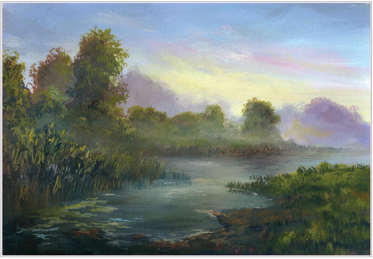 Belles and Whistles Late Aurora - A1 Rice Decoupage Paper 
This shows you the one sheet decoupage.  It looks like a misty water scene.  There are water plants purtruding from the water, lots of greenery and trees.  The sky has colors of blues, yellows, pinks and purples.  It's all done in a Monetesk style; dreamy, blurry and light refracted.  It's like a deep sigh of relief.