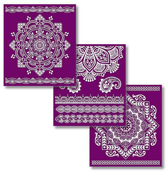 Belles and Whistles Mandala - Silkscreen Stencil provides an extra decorative touch to any project! Belles and Whistle Silkscreen Stencil Mandala shown in a three pack with different designs.