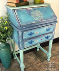 Belles and Whistles Mandala - Silkscreen Stencil provides an extra decorative touch to any project! Chalk Painted distressed blue writers desk with painted on Mandala Silkscreen Stencil.