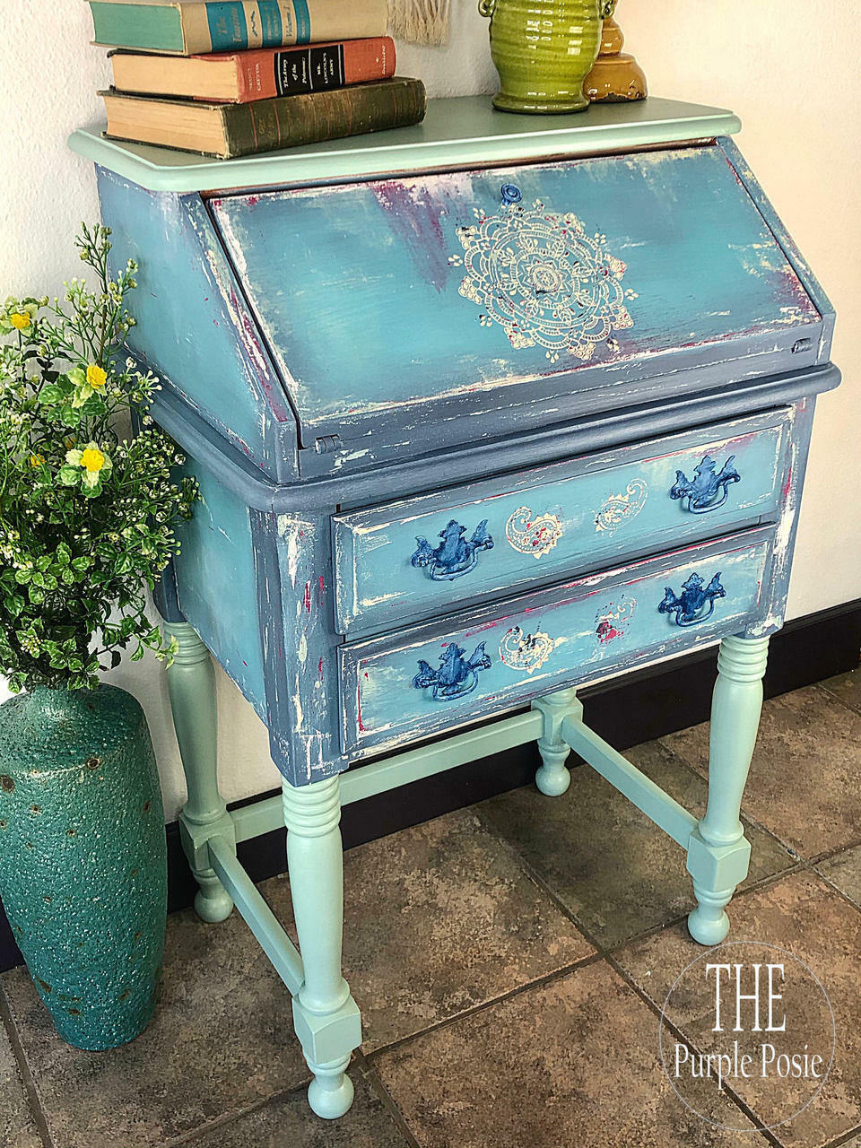 Belles and Whistles Mandala - Silkscreen Stencil provides an extra decorative touch to any project! Chalk Painted distressed blue writers desk with painted on Mandala Silkscreen Stencil.