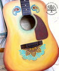 Belles and Whistles Mandala - Silkscreen Stencil provides an extra decorative touch to any project! Chalk Painted Guitar with Painted on Mandala Silkscreen Stencil.