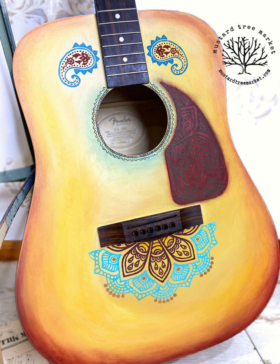 Belles and Whistles Mandala - Silkscreen Stencil provides an extra decorative touch to any project! Chalk Painted Guitar with Painted on Mandala Silkscreen Stencil.