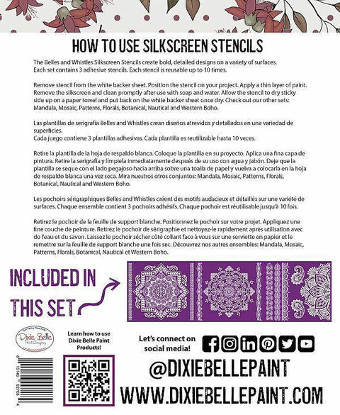 Belles and Whistles Mandala - Silkscreen Stencil provides an extra decorative touch to any project! Back of Silkscreen Stencil Mandala packaging with a how to use.