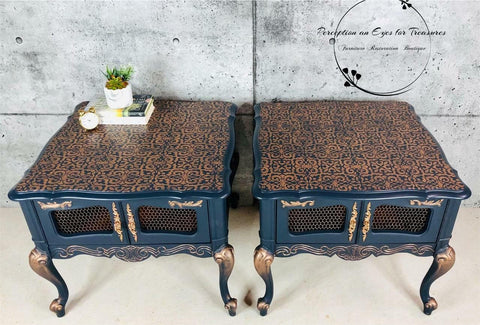 Belles and Whistles Morocco - Stencil provides an extra decorative touch to any project! Navy Blue Chalk painted end tables with gold accents and hardware, Painted on top is a Morocco stencil on the top. Staged with books and a succulent.