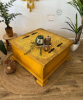 Belles and Whistles Morocco - Stencil provides an extra decorative touch to any project! Yellow Chalk painted table with black hardware and black chalk painted Morocco stencil on top. Staged with Boho Décor.