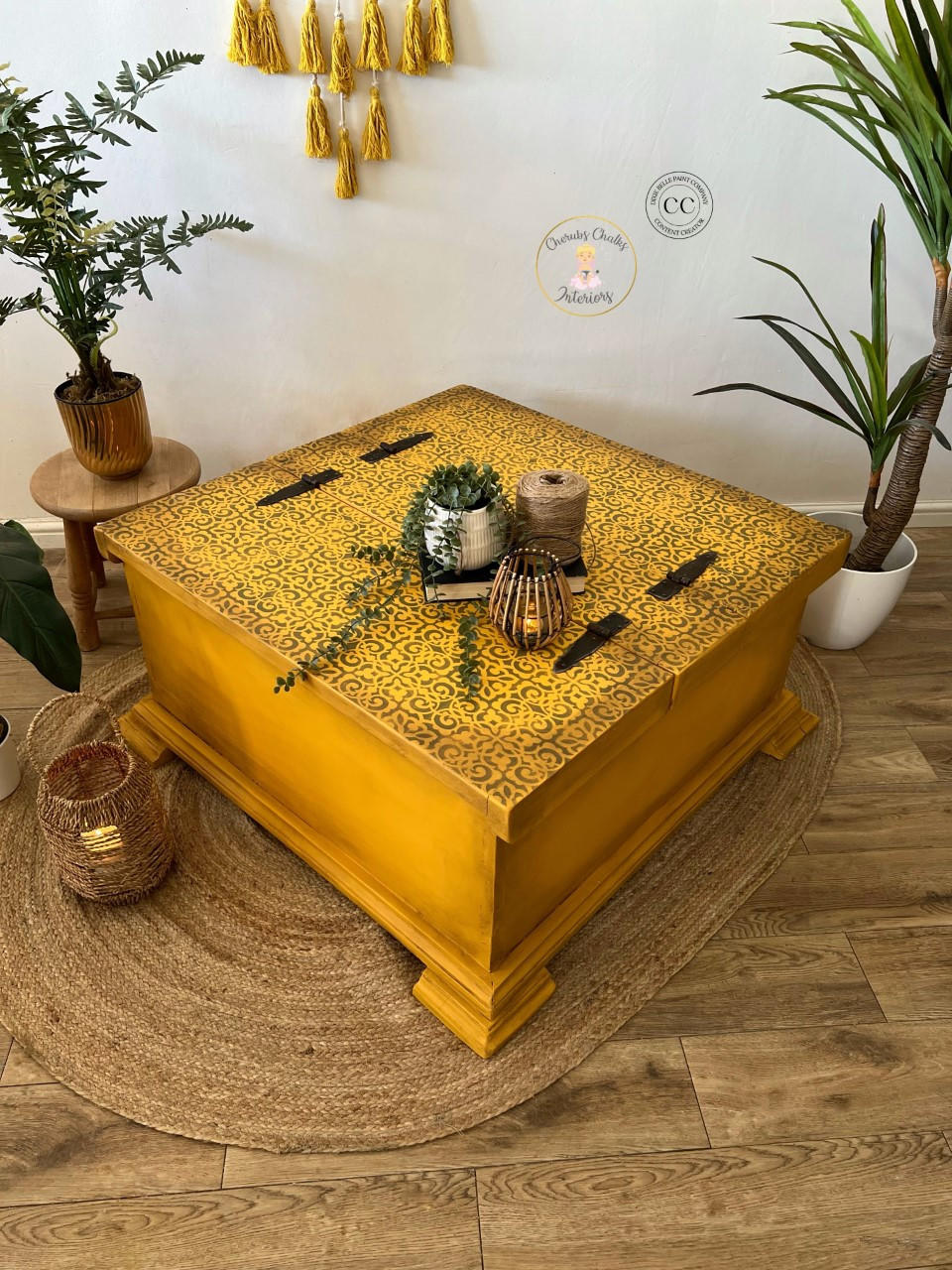 Belles and Whistles Morocco - Stencil provides an extra decorative touch to any project! Yellow Chalk painted table with black hardware and black chalk painted Morocco stencil on top. Staged with Boho Décor.