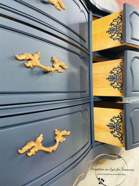 Belles and Whistles Mosaic - Silkscreen Stencil provides an extra decorative touch to any project! Navy Blue Dresser with Belles and Whistles Mosaic Silkscreen Stencil on the inside of the drawers.