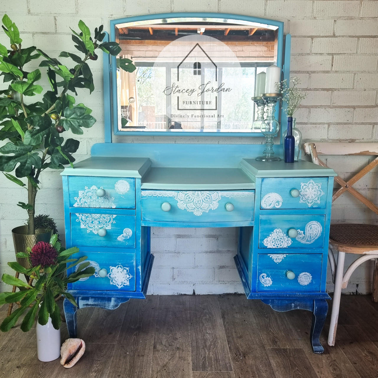 Belles and Whistles Mosaic - Silkscreen Stencil provides an extra decorative touch to any project! Blue Ombre painted vanity, with white painted Belles and Whistles Mosaic Silkscreen Stencil.