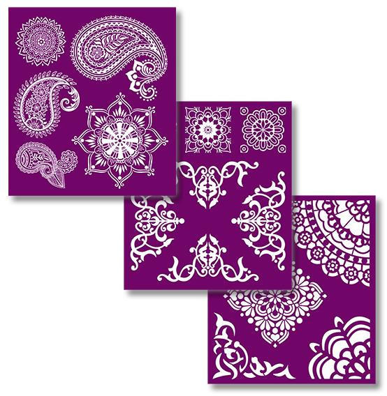 Belles and Whistles Mosaic - Silkscreen Stencil provides an extra decorative touch to any project! Belles and Whistles Mosaic Silkscreen Stencil 3 designs laid out.