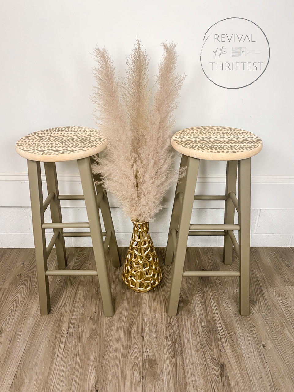 Belles and Whistles Mudcloth - Stencil provides an extra decorative touch to any project! Pair of stools painted in a light green with natural wood on the top and a stencil painted on. Staged with gold vase and wheat plants.