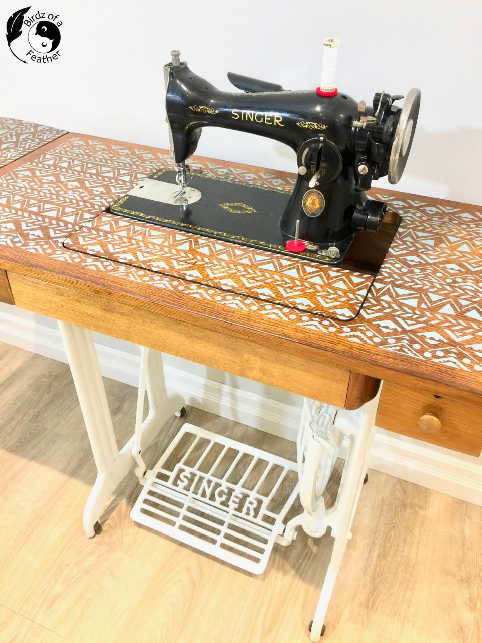 Belles and Whistles Mudcloth - Stencil provides an extra decorative touch to any project! Sewing machine with white painted Stencil on top.