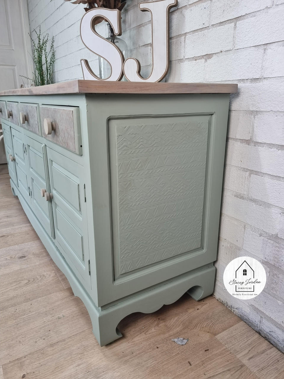Belles and Whistles Mudcloth - Stencil provides an extra decorative touch to any project! Teal dresser chalk painted with Stencil raised on the side..