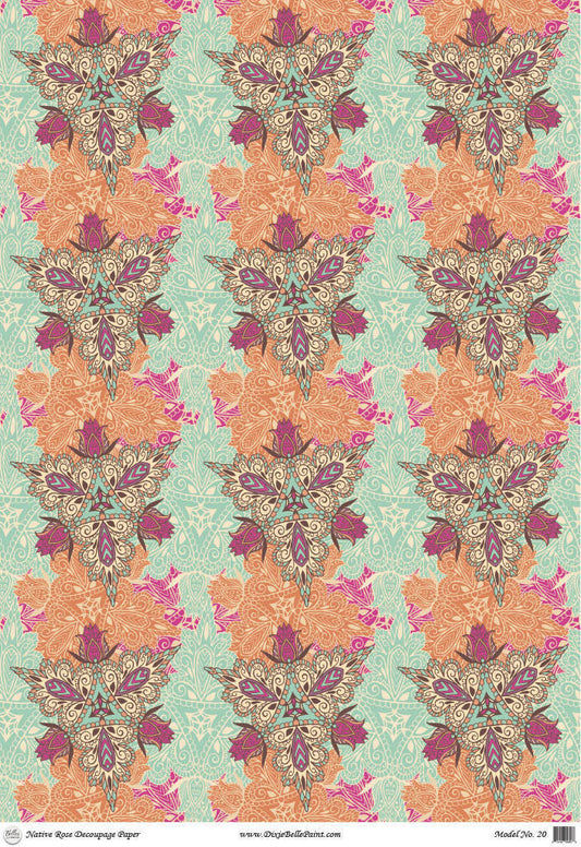 Belles and Whistles Native Rose - A1 Rice Decoupage Paper is a simple way to visually enhance any surface of your project! Lay out of Native rose decoupage native rose design with large, bright, orange hips and clusters pink flowers