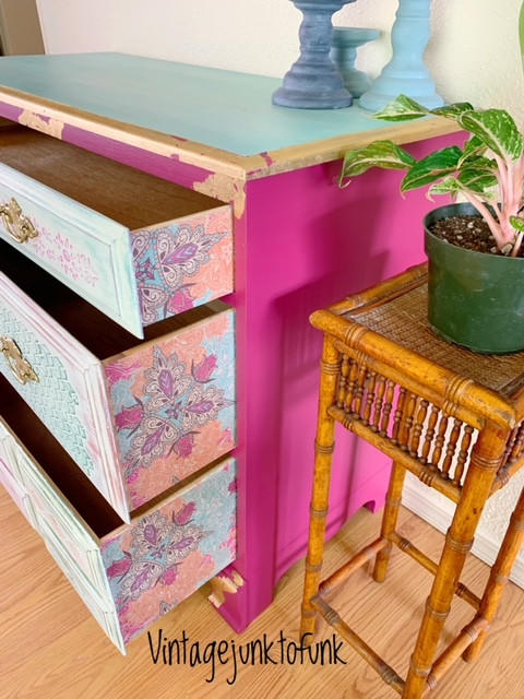 Belles and Whistles Native Rose - A1 Rice Decoupage Paper is a simple way to visually enhance any surface of your project! Bright pink dresser with decoupage on the inside of the drawers. Staged next to a potted plant.