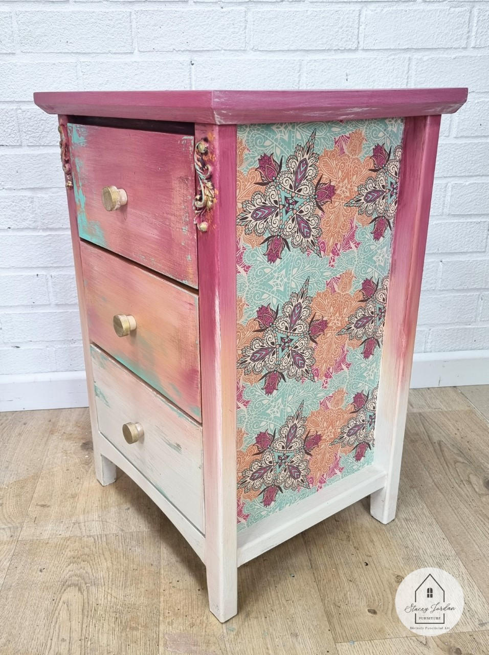 Belles and Whistles Native Rose - A1 Rice Decoupage Paper is a simple way to visually enhance any surface of your project! Red Ombre end table with teal distressing, and native rose decoupage on the sides.