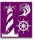 Belles and Whistles Nautical - Silkscreen Stencil provides an extra decorative touch to any project! Belles and whistle Silk screen nautical stencil layout design of a light house, wave and a ship steering wheel.
