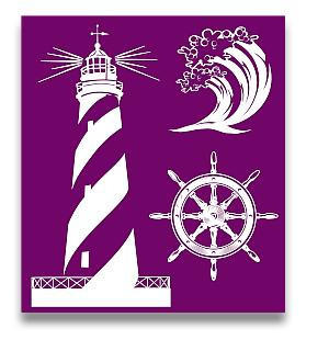 Belles and Whistles Nautical - Silkscreen Stencil provides an extra decorative touch to any project! Belles and whistle Silk screen nautical stencil layout design of a light house, wave and a ship steering wheel.
