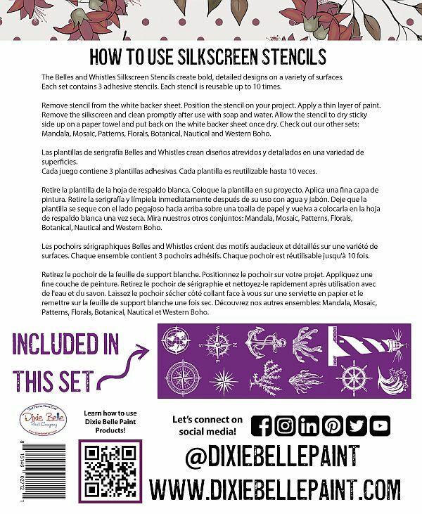 Belles and Whistles Nautical - Silkscreen Stencil provides an extra decorative touch to any project! Back of package with how to instructions on it.