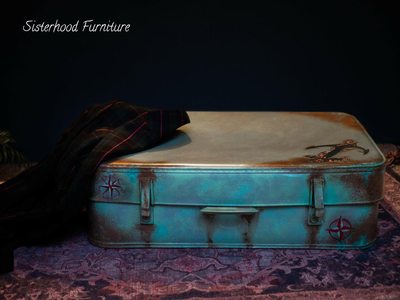 Belles and Whistles Nautical - Silkscreen Stencil provides an extra decorative touch to any project! Blue chalk painted luggage with painted on anchor and compass stencils.