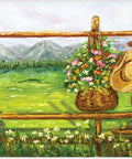 Belles and Whistles Painted Terrain - A1 Rice Decoupage Paper. Mountainous landscape view with wooden fence, basket of flowers, wildflowers, and a gardeners hat.