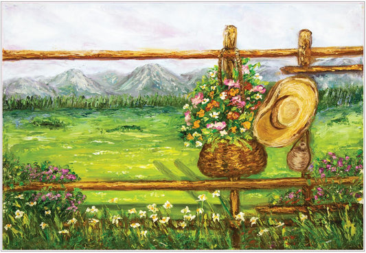 Belles and Whistles Painted Terrain - A1 Rice Decoupage Paper. Mountainous landscape view with wooden fence, basket of flowers, wildflowers, and a gardeners hat.