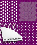 Belles and Whistles Patterns - Silkscreen Stencil provides an extra decorative touch to any project! Belles and whistle silkscreen stencil pattern design three a 4 designs, rain drops, dots, lines and geometric boxes. Application tool included,