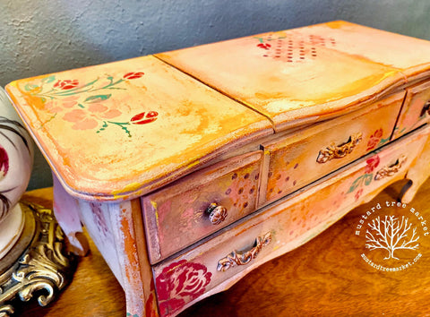 Belles and Whistles Patterns - Silkscreen Stencil provides an extra decorative touch to any project! Distressed jewelry box with roses stenciled on and Polk a dots pattern stencil.