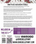 Belles and Whistles Patterns - Silkscreen Stencil provides an extra decorative touch to any project! Belles and whistle silkscreen stencil pattern back of package with a how to use.
