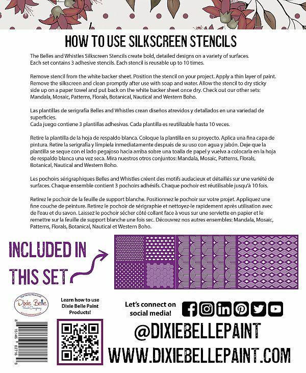 Belles and Whistles Patterns - Silkscreen Stencil provides an extra decorative touch to any project! Belles and whistle silkscreen stencil pattern back of package with a how to use.