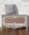 Belles and Whistles Peony Pattern - A1 Rice Decoupage Paper is a simple way to visually enhance any surface of your project! Gray weathered blanket box with  Peony Pattern Rice Decoupage Paper placed in the front. staged with a gray pillow.