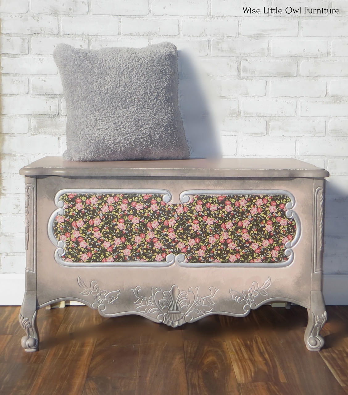 Belles and Whistles Peony Pattern - A1 Rice Decoupage Paper is a simple way to visually enhance any surface of your project! Gray weathered blanket box with  Peony Pattern Rice Decoupage Paper placed in the front. staged with a gray pillow.