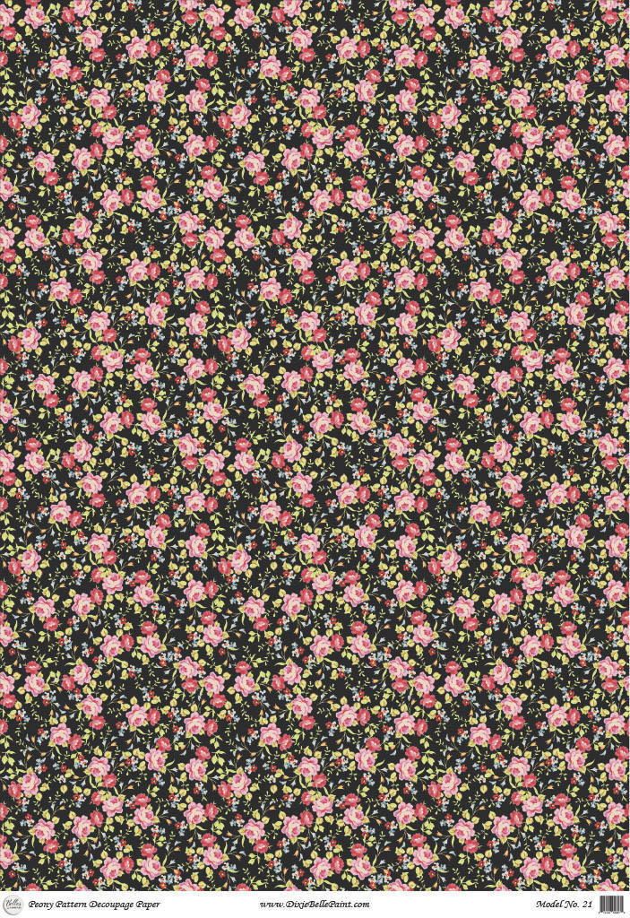 Belles and Whistles Peony Pattern - A1 Rice Decoupage Paper is a simple way to visually enhance any surface of your project! lay out of decoupage paper of small little pink peony flowers on a black background.