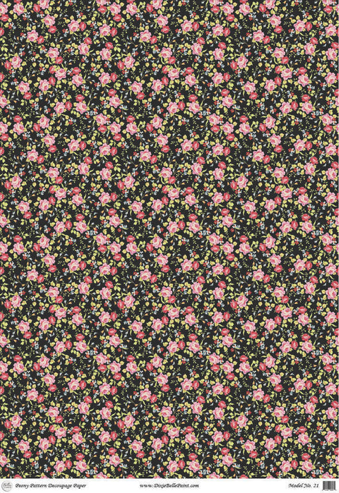 Belles and Whistles Peony Pattern - A1 Rice Decoupage Paper is a simple way to visually enhance any surface of your project! lay out of decoupage paper of small little pink peony flowers on a black background.