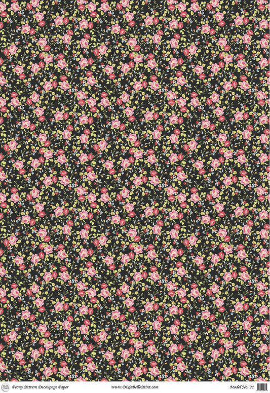 Belles and Whistles Peony Pattern - A1 Rice Decoupage Paper is a simple way to visually enhance any surface of your project! lay out of decoupage paper of small little pink peony flowers on a black background.